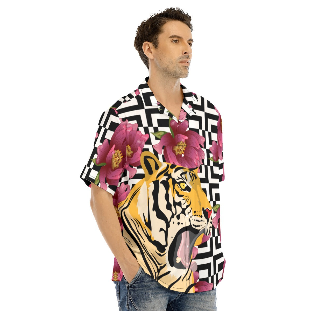 Tiger Glam  Hawaiian Shirt With Button Closure