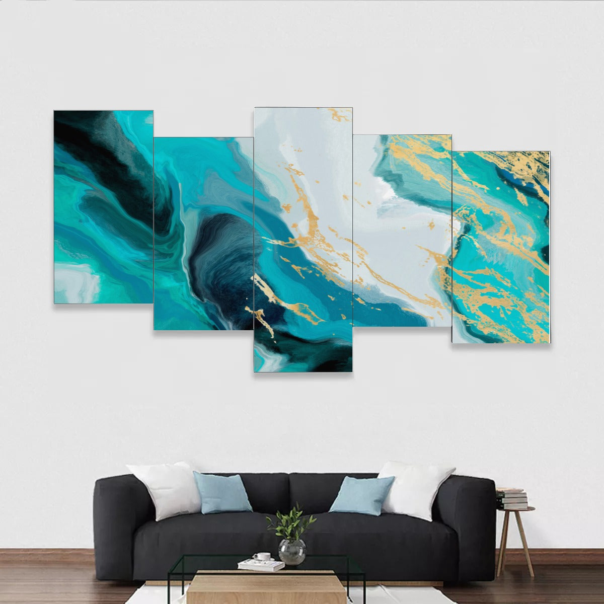 Teal and gold Framed five-piece mural *Free shipping*