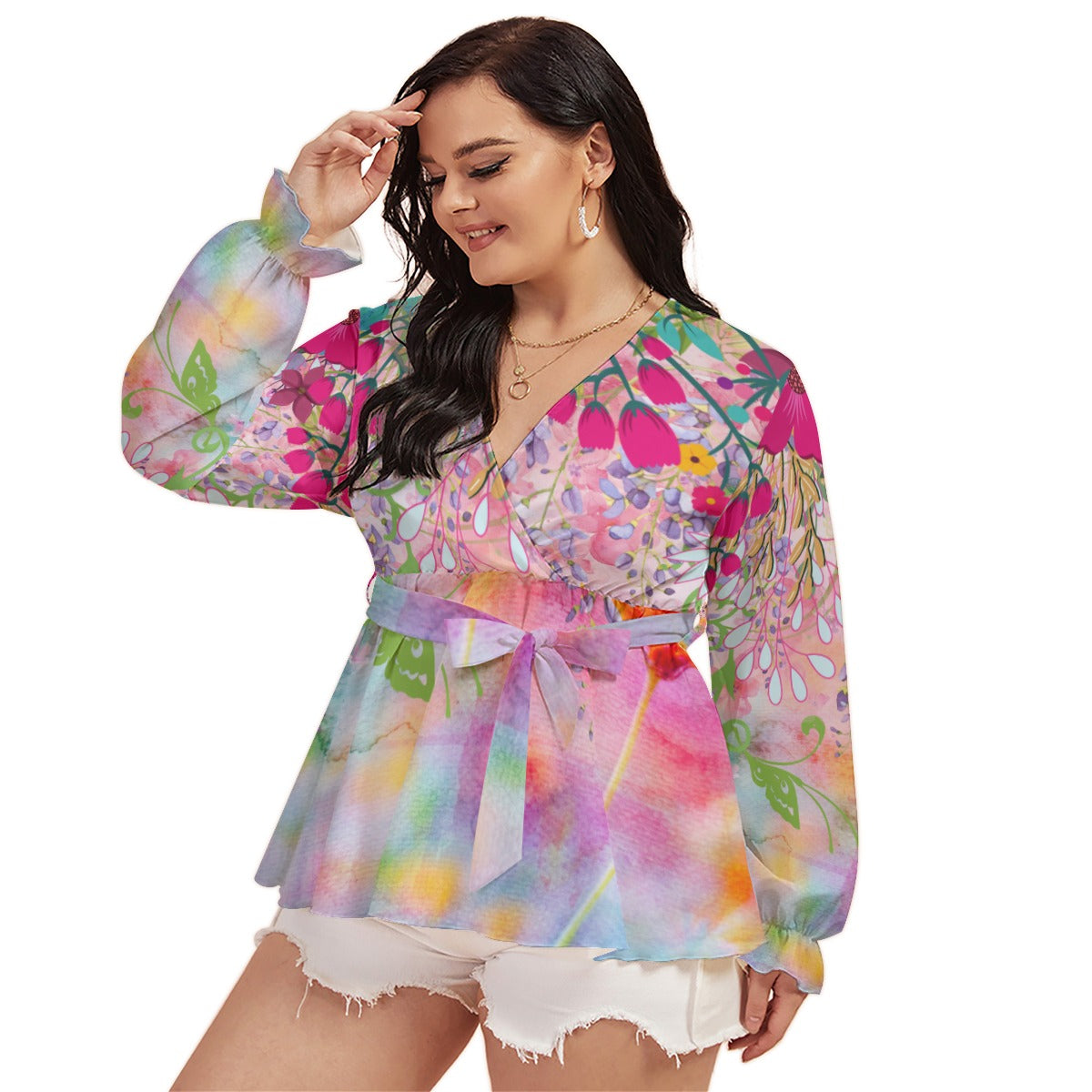 Pastel floral All-Over Print Women's V-neck With Waistband