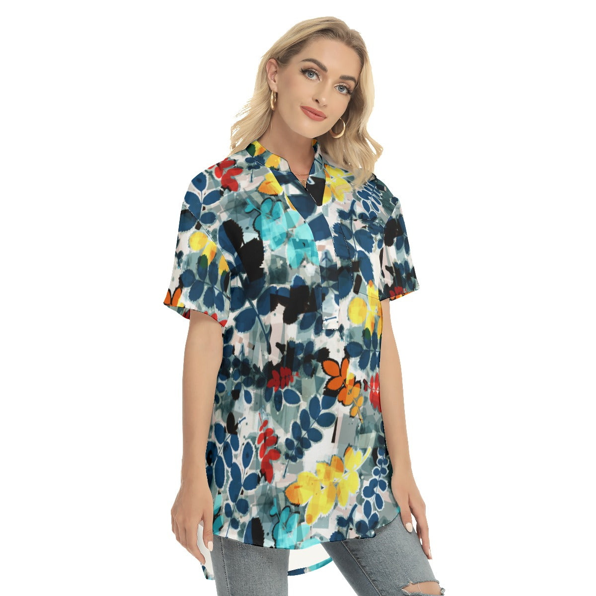 Floral Women's Stand-up Collar Shirt With Open Button