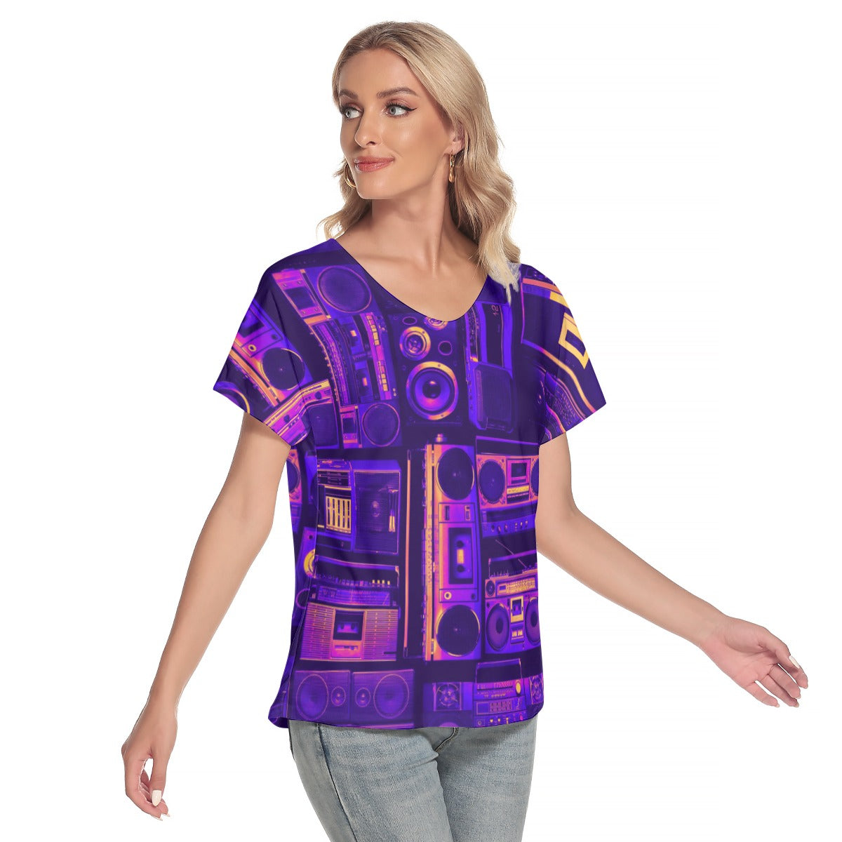 Purple cassette  Women's Deep V-neck Short Sleeve T-shirt