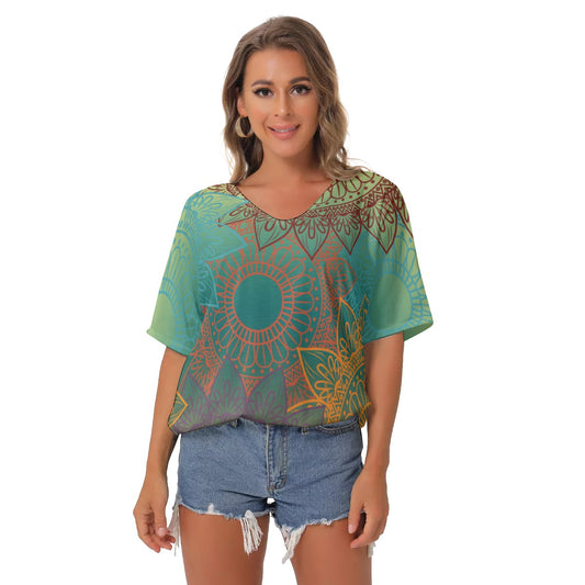 Multi-color Mandala All-Over Print Women's Bat Sleeves V-Neck Blouse