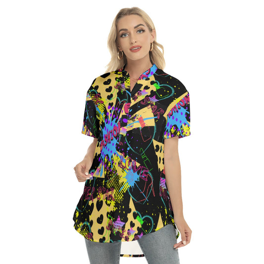 Abstract Women's Stand-up Collar Shirt With Open Button