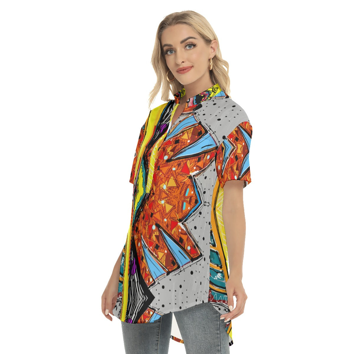 Abstract  Women's Stand-up Collar Shirt With Open Button