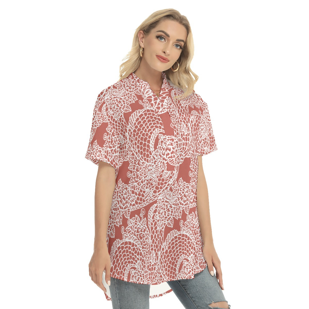 Abstract  Women's Stand-up Collar Shirt With Open Button