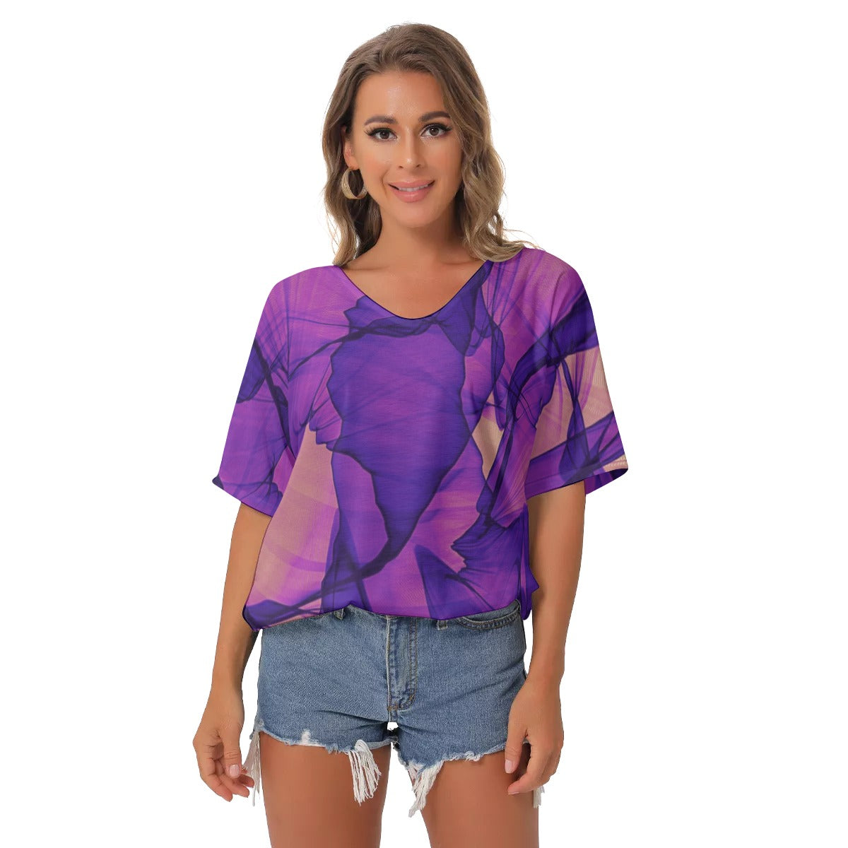 Purple abstract All-Over Print Women's Bat Sleeves V-Neck Blouse