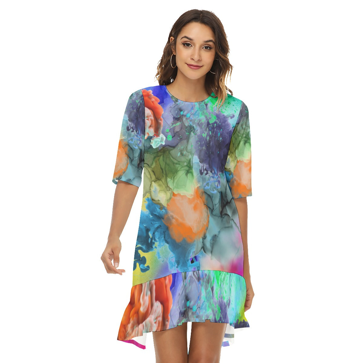 Galaxy watercolor Half Sleeve Dress With Ruffle Hem