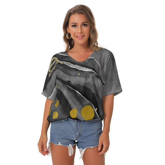 Black and gold All-Over Print Women's Bat Sleeves V-Neck Blouse