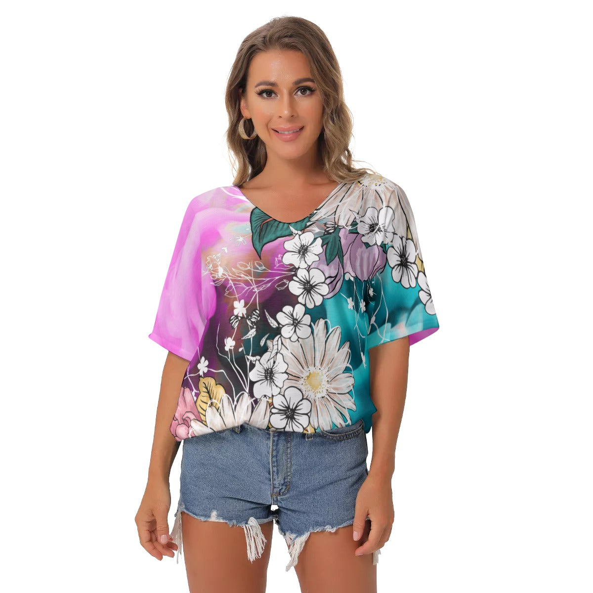 Pink abstract floral All-Over Print Women's Bat Sleeves V-Neck Blouse