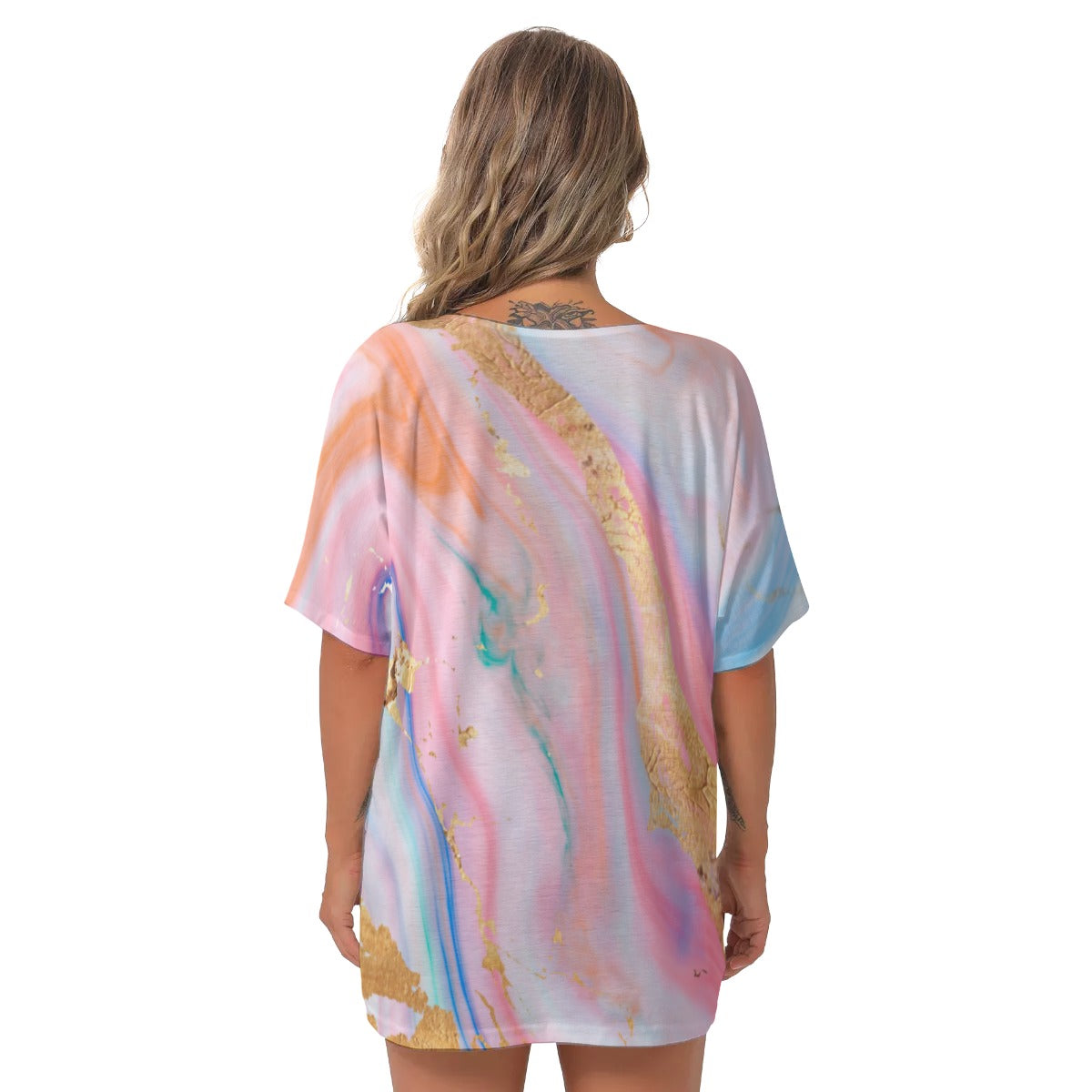 Pastel All-Over Print Women's Bat Sleeves V-Neck Blouse