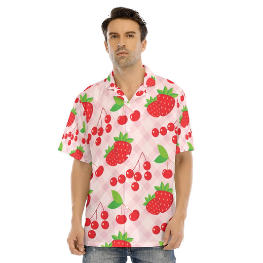 Pink cherry and strawberry All-Over Print  Hawaiian Shirt With Button Closure