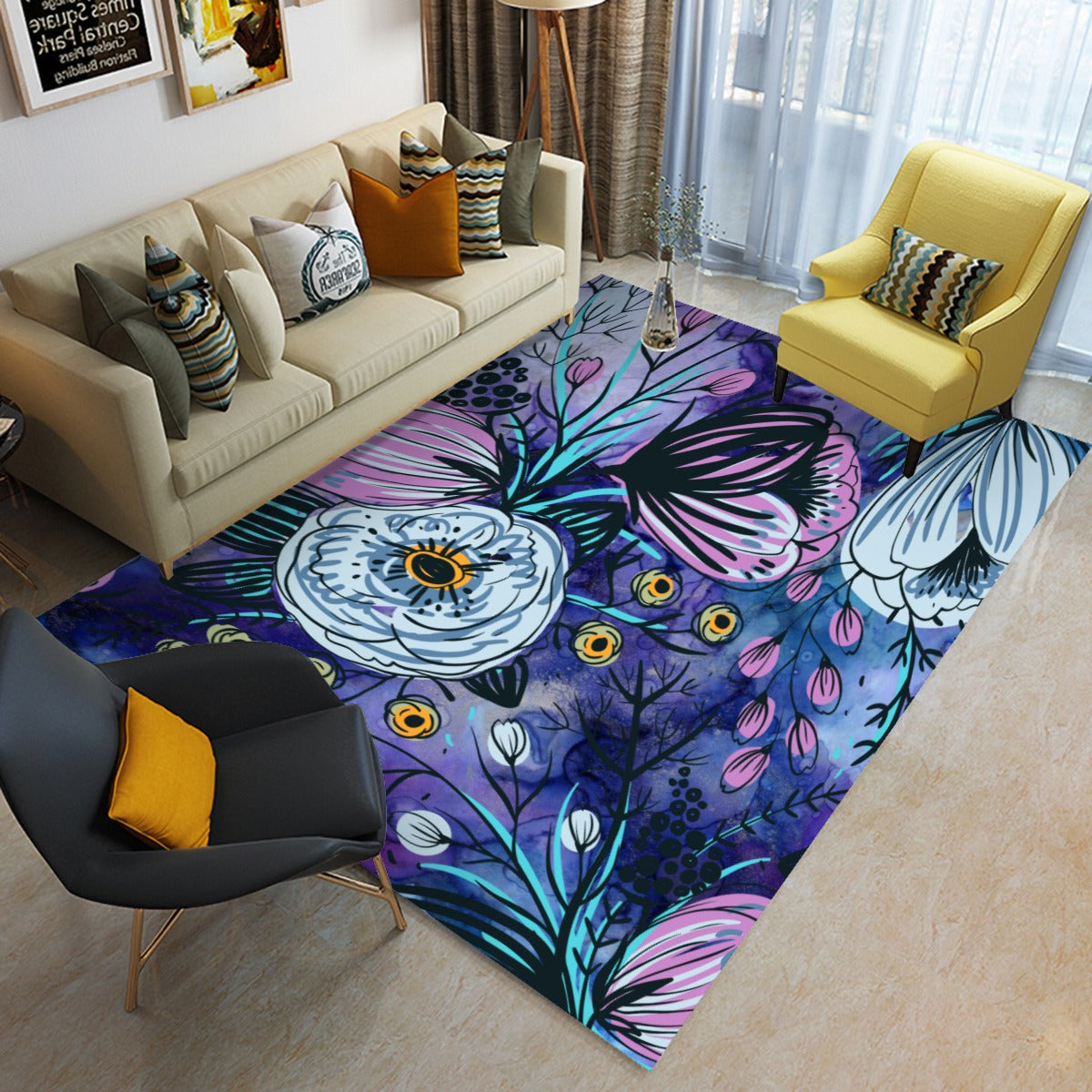 Purple floral Foldable Rectangular Floor Mat/Rug