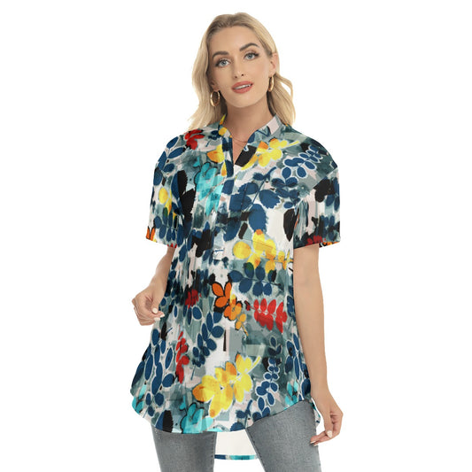 Floral Women's Stand-up Collar Shirt With Open Button