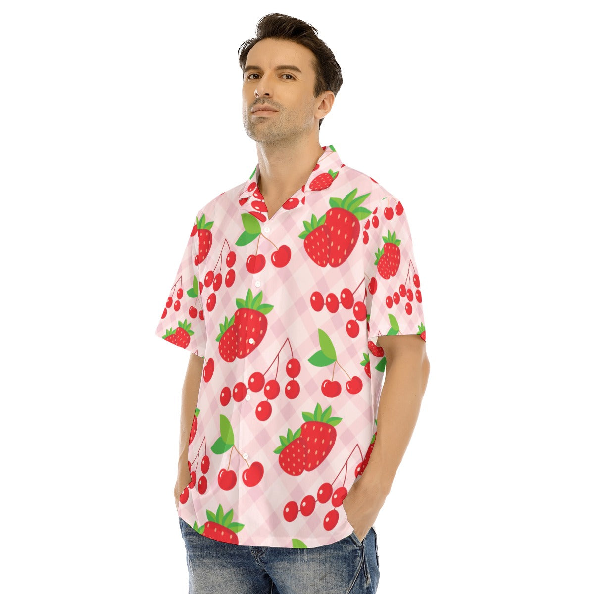 Pink cherry and strawberry All-Over Print  Hawaiian Shirt With Button Closure