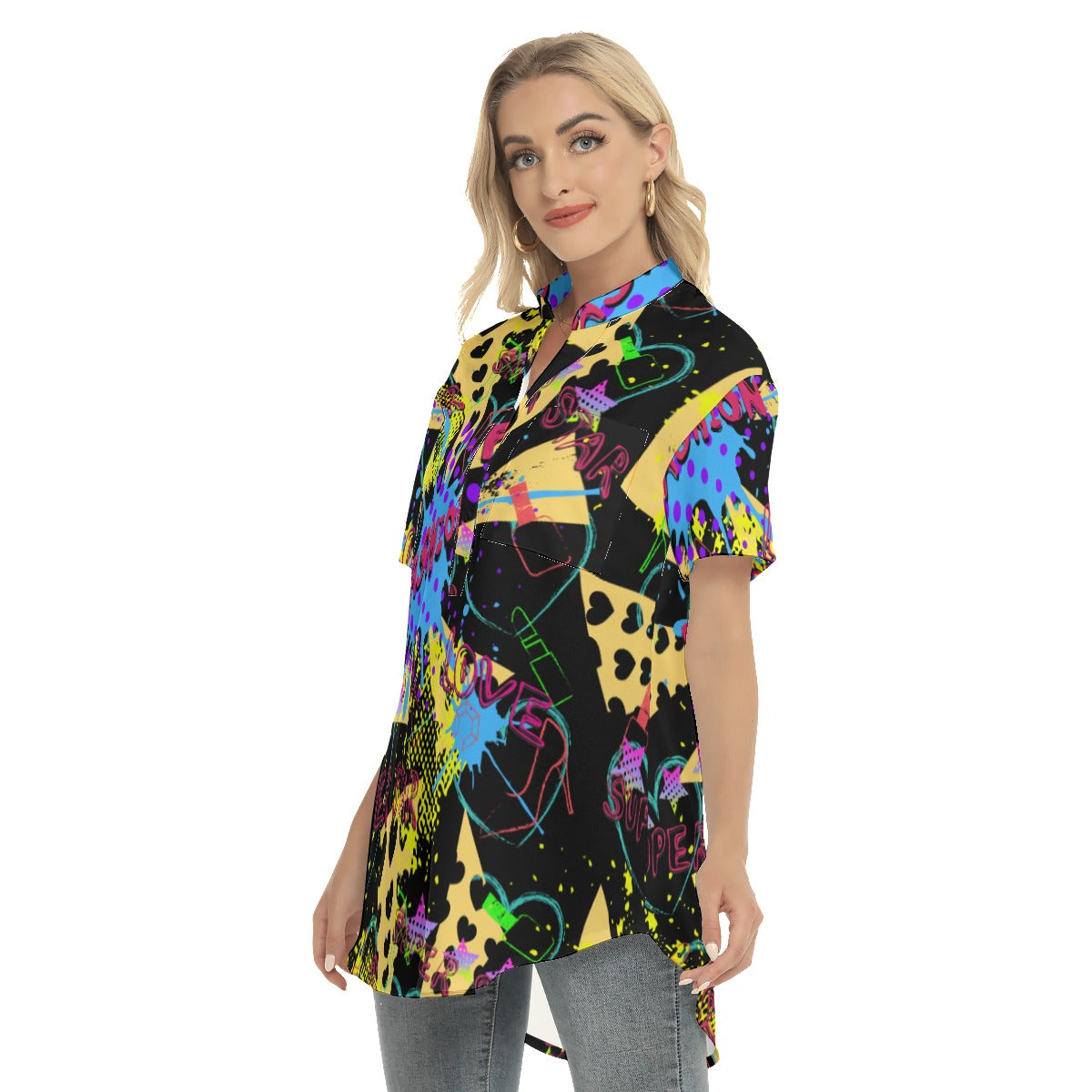 Abstract Women's Stand-up Collar Shirt With Open Button