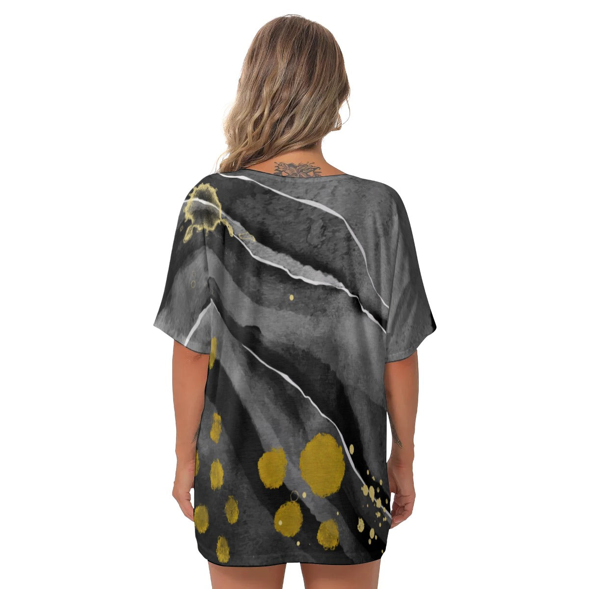 Black and gold All-Over Print Women's Bat Sleeves V-Neck Blouse