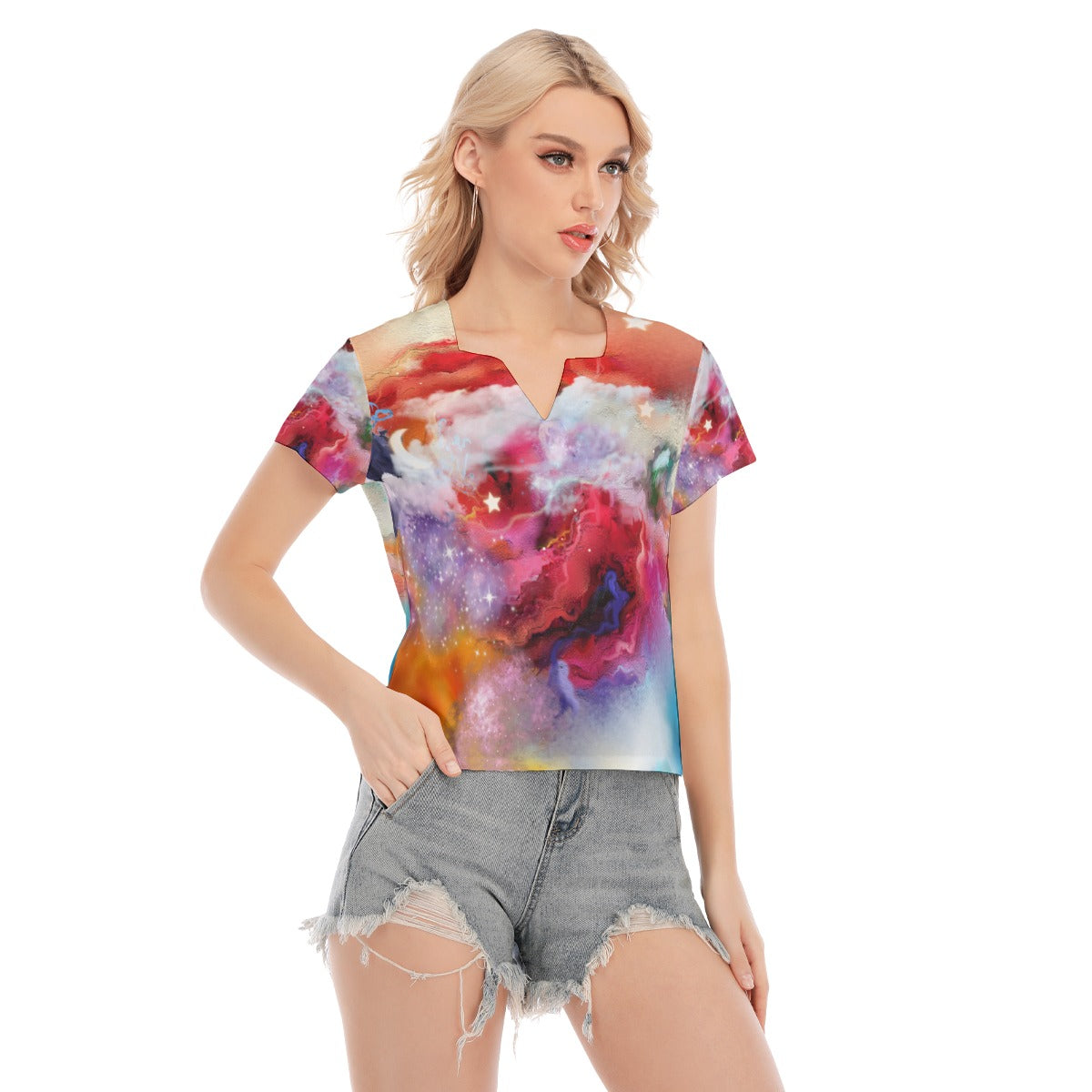 Galaxy All-Over Print Women's Stretch V-Neck Short-Sleeved Blouse