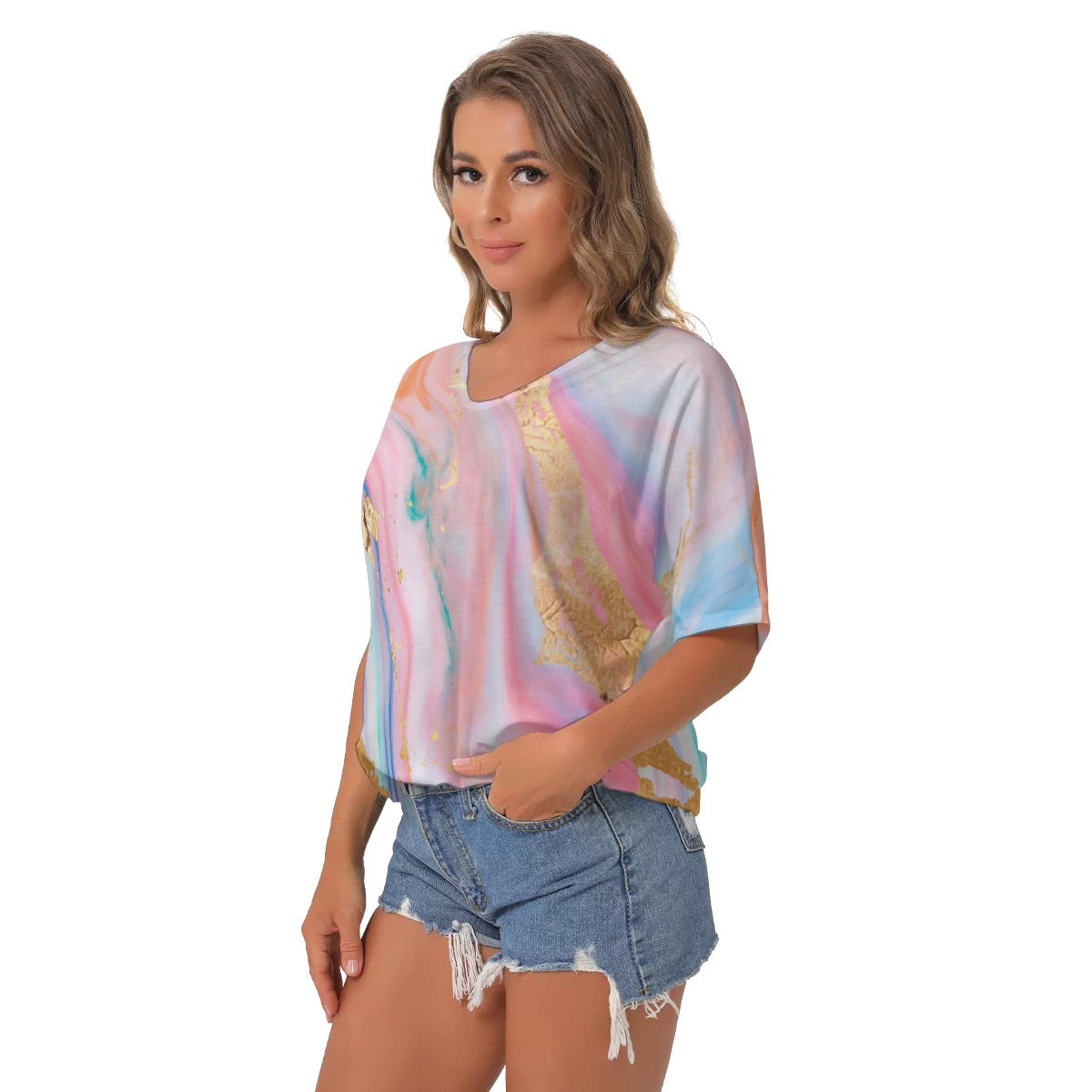 Pastel All-Over Print Women's Bat Sleeves V-Neck Blouse