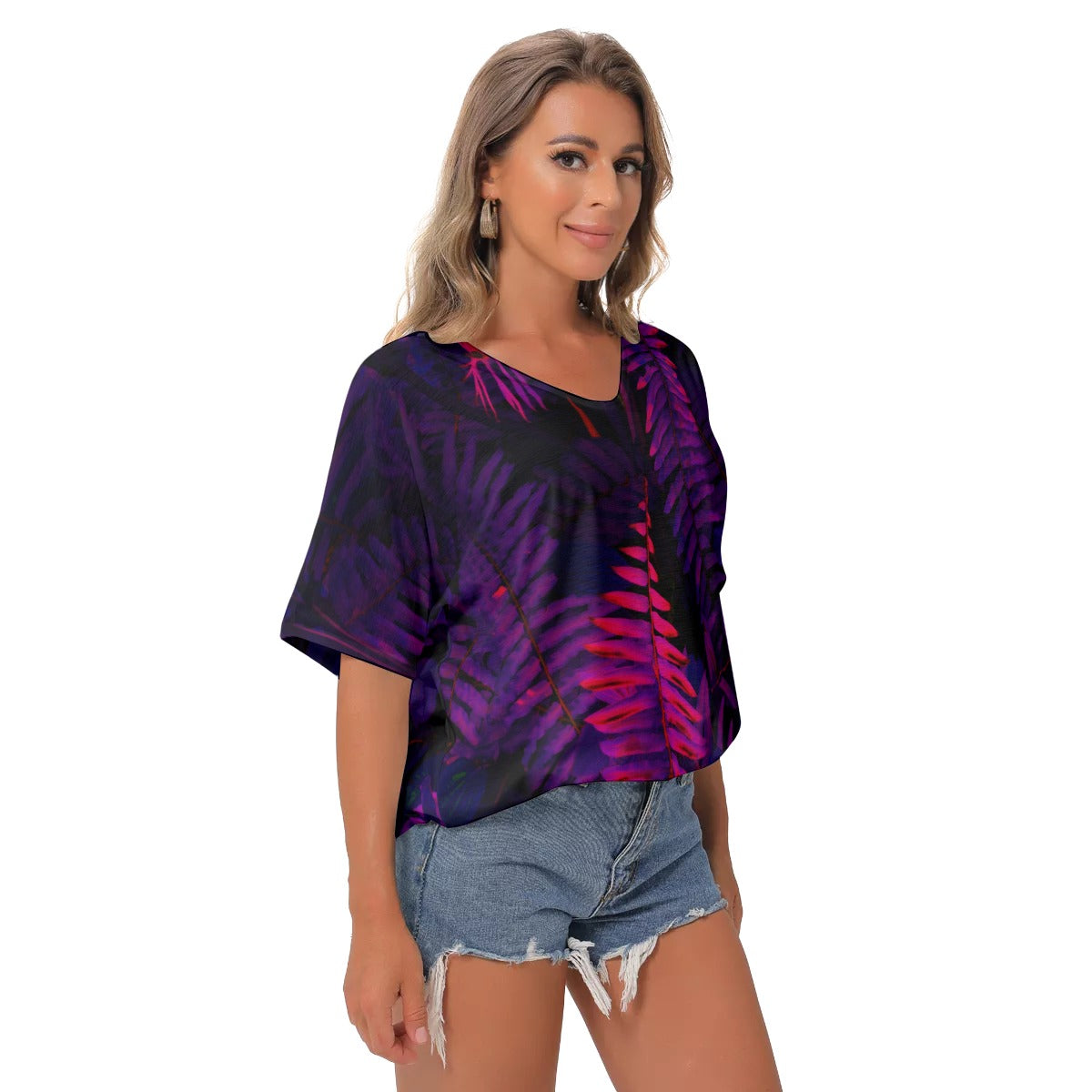 Black and neon All-Over Print Women's Bat Sleeves V-Neck Blouse