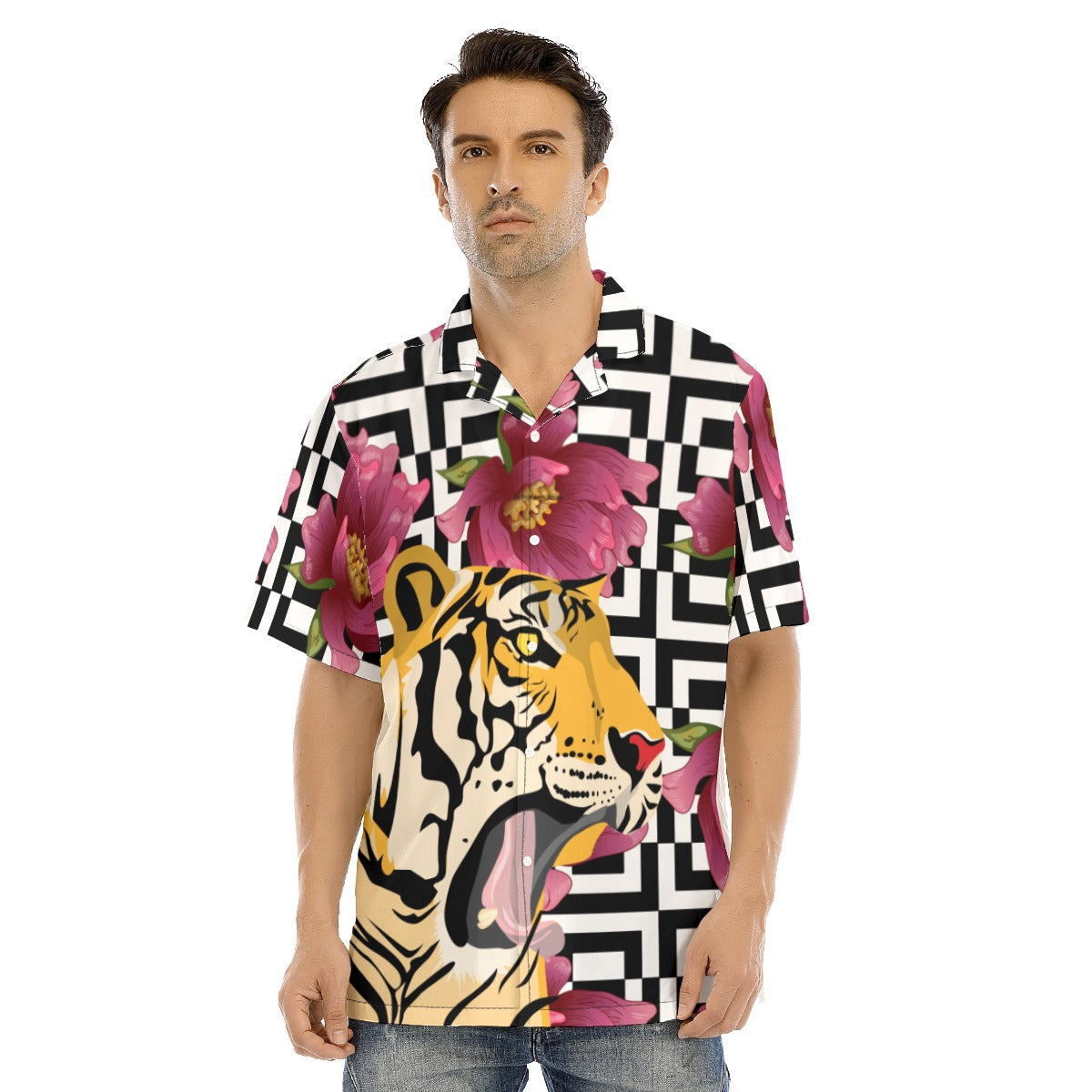 Tiger Glam  Hawaiian Shirt With Button Closure