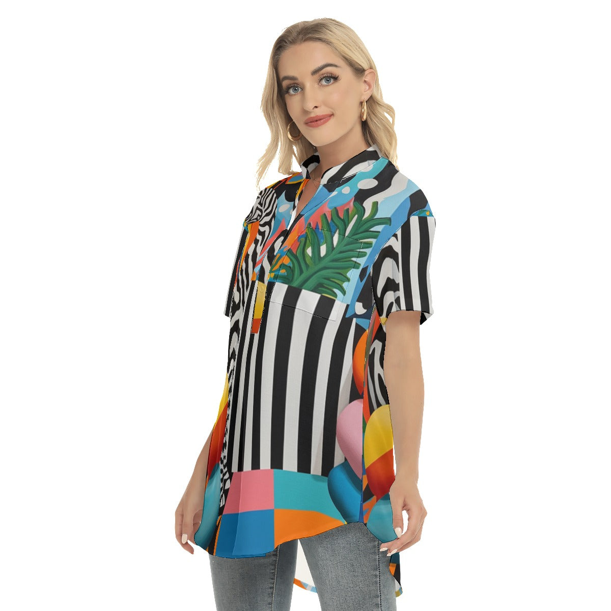 Abstract Women's Stand-up Collar Shirt With Open Button