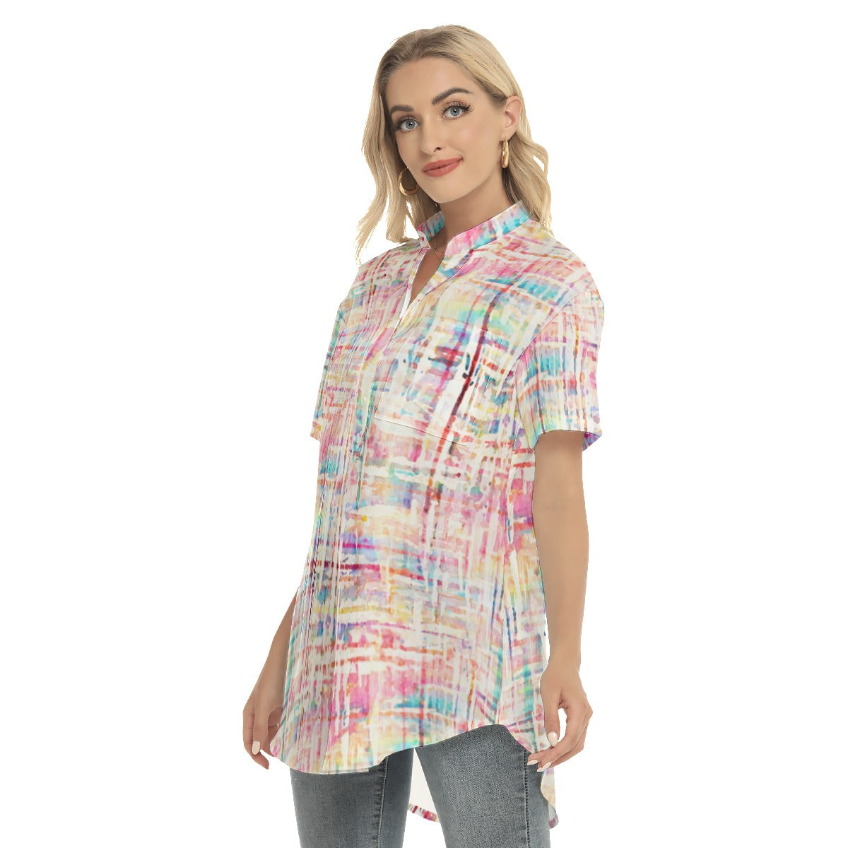 Abstract pastel Women's Stand-up Collar Shirt With Open Button