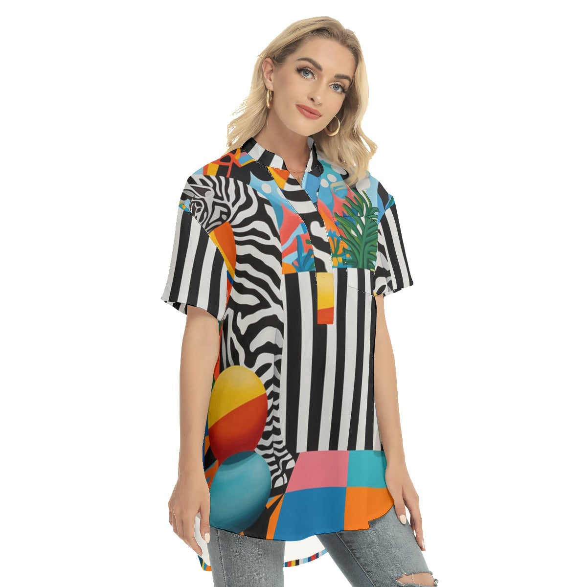 Abstract Women's Stand-up Collar Shirt With Open Button