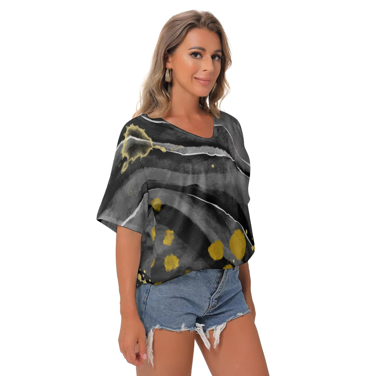 Black and gold All-Over Print Women's Bat Sleeves V-Neck Blouse