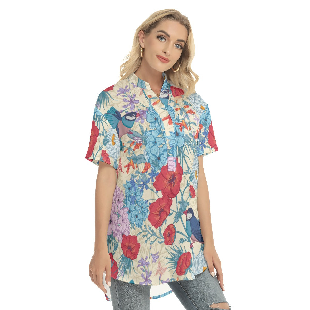 Floral Women's Stand-up Collar Shirt With Open Button