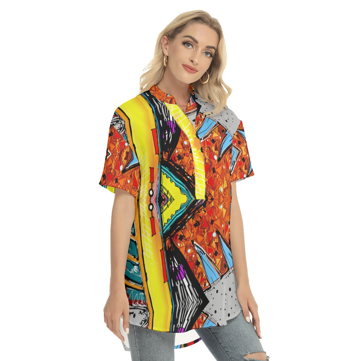 Abstract  Women's Stand-up Collar Shirt With Open Button