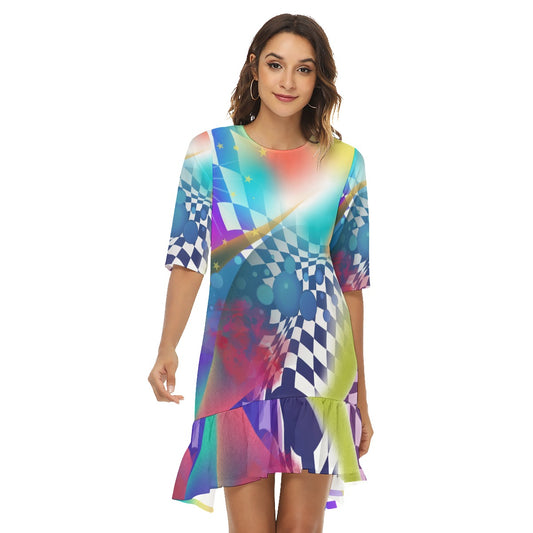 Color abstract  Women's Half Sleeve Dress With Ruffle Hem