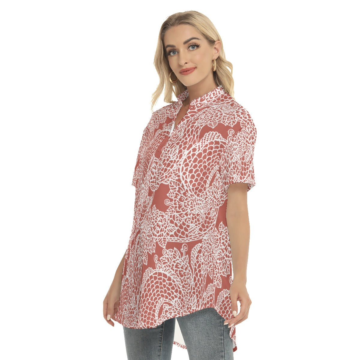 Abstract  Women's Stand-up Collar Shirt With Open Button