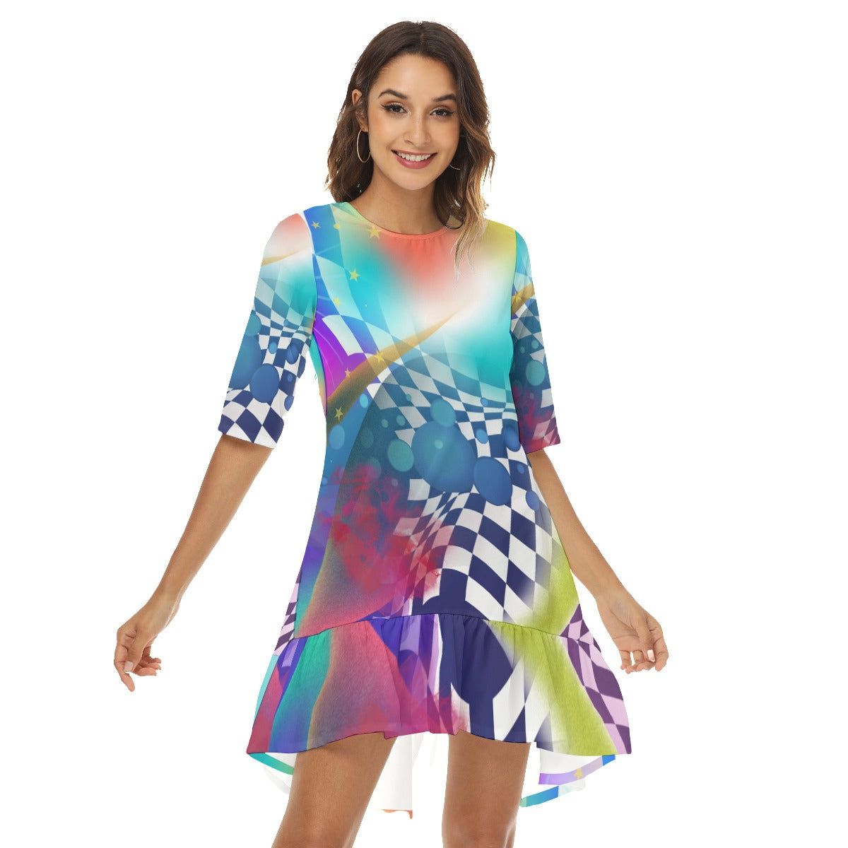 Color abstract  Women's Half Sleeve Dress With Ruffle Hem