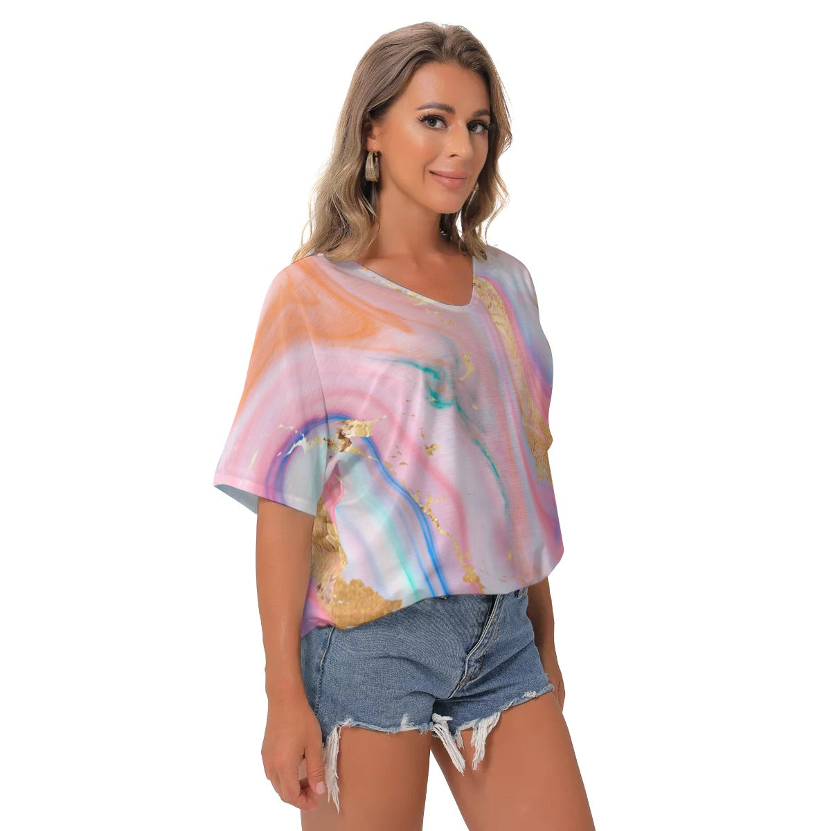 Pastel All-Over Print Women's Bat Sleeves V-Neck Blouse