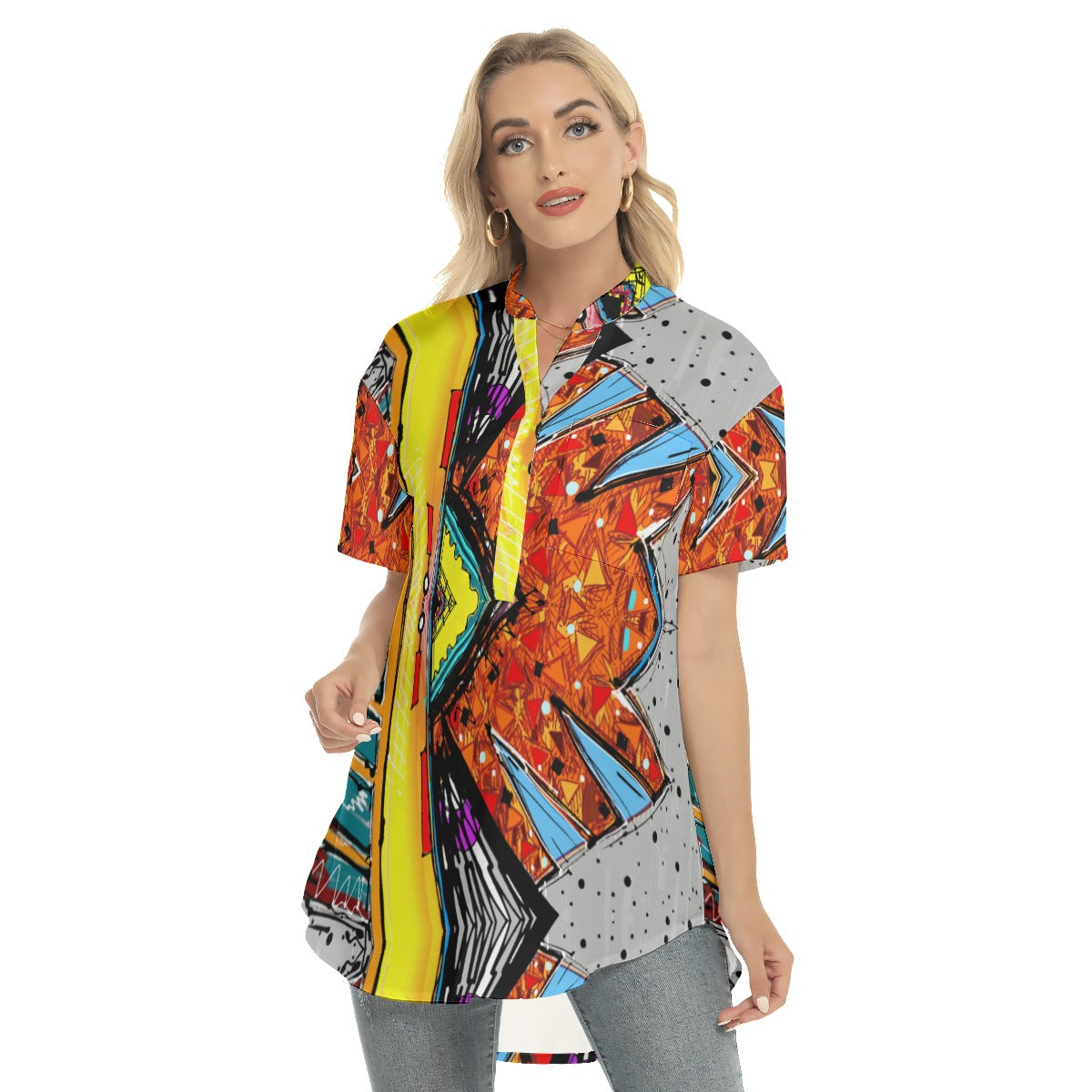 Abstract  Women's Stand-up Collar Shirt With Open Button