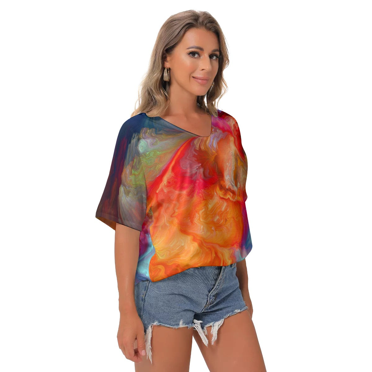 Orange multi color All-Over Print Women's Bat Sleeves V-Neck Blouse