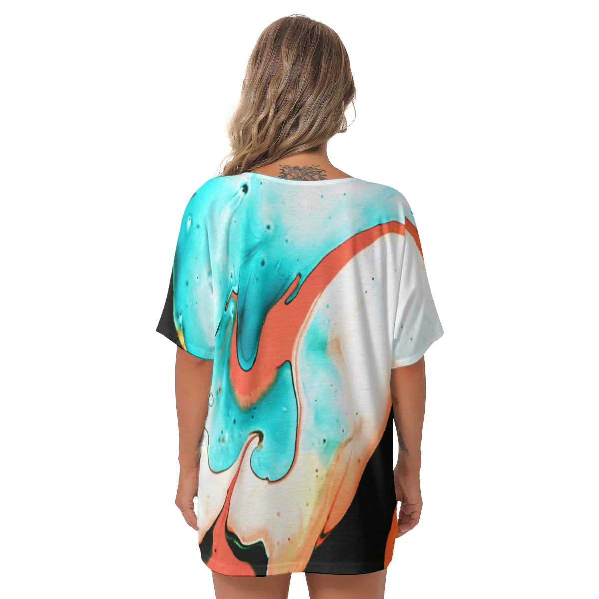 Teal abstract All-Over Print Women's Bat Sleeves V-Neck Blouse