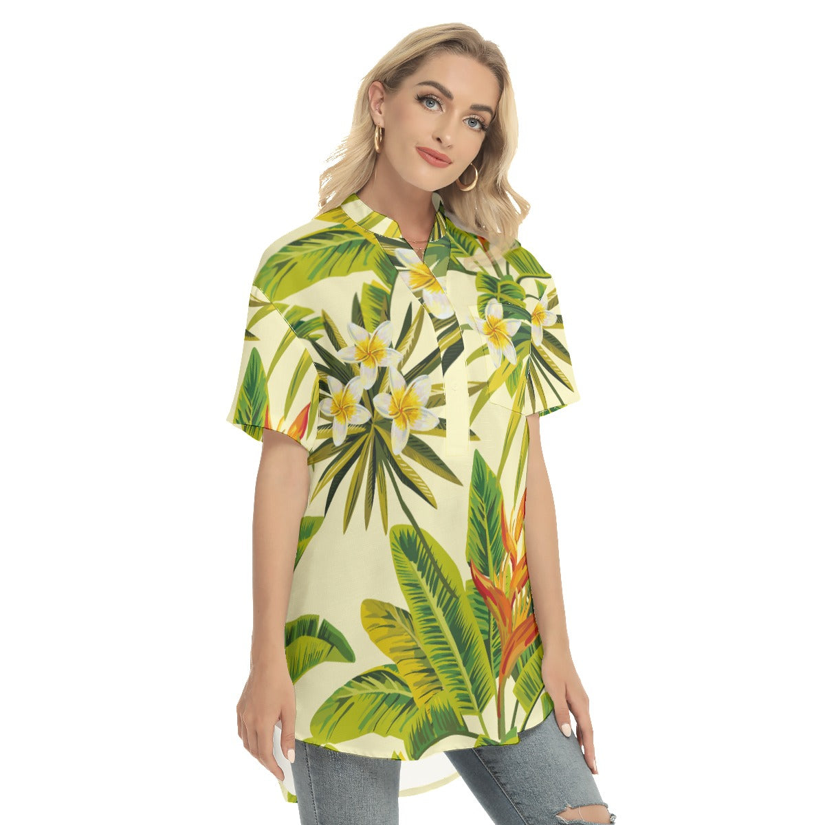 Tropical Women's Stand-up Collar Shirt With Open Button