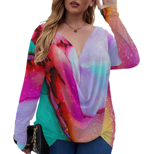 Women's V-neck Plus Draped Longline shirt With Long Sleeve (Plus Size)