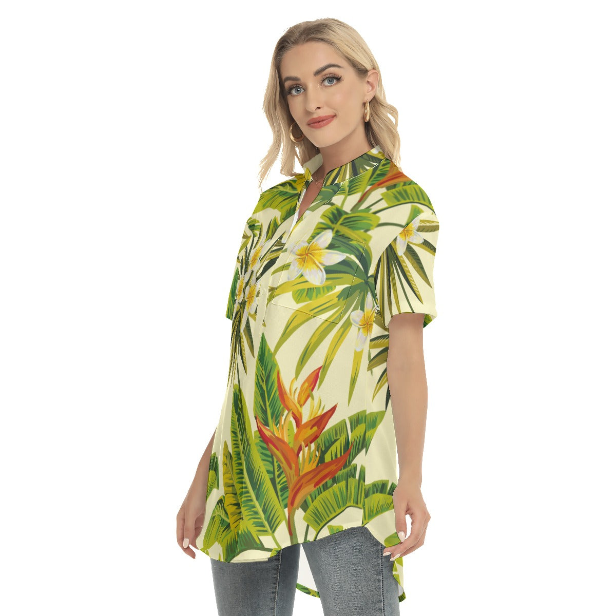 Tropical Women's Stand-up Collar Shirt With Open Button