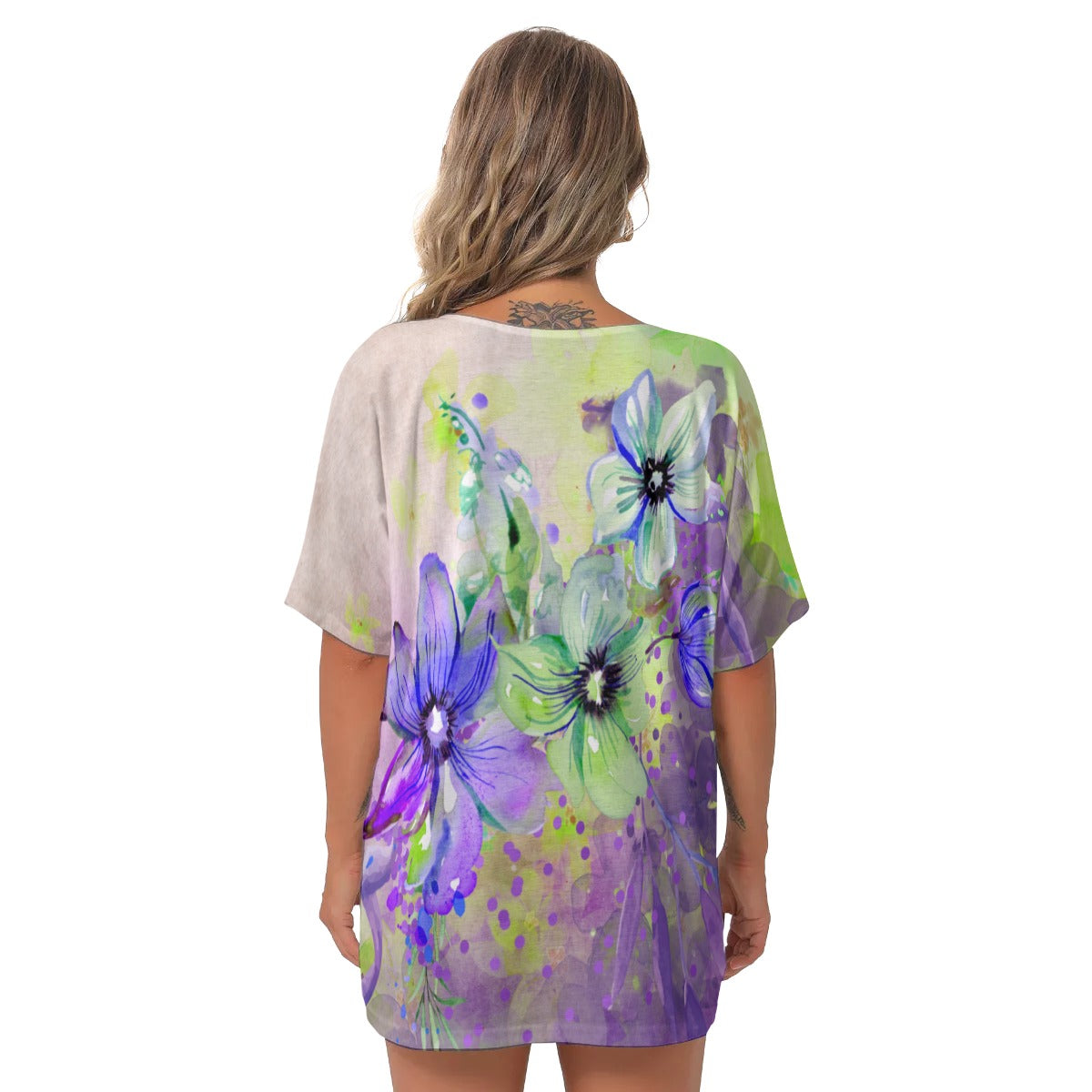 Purple floral All-Over Print Women's Bat Sleeves V-Neck Blouse