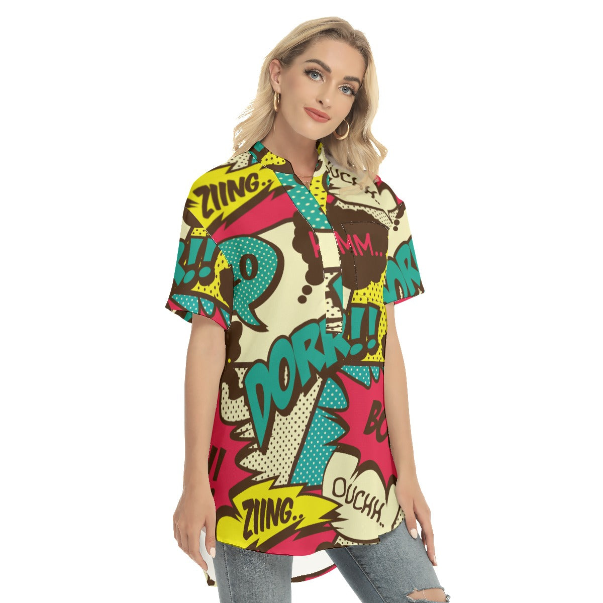 Comic book style Women's Stand-up Collar Shirt With Open Button