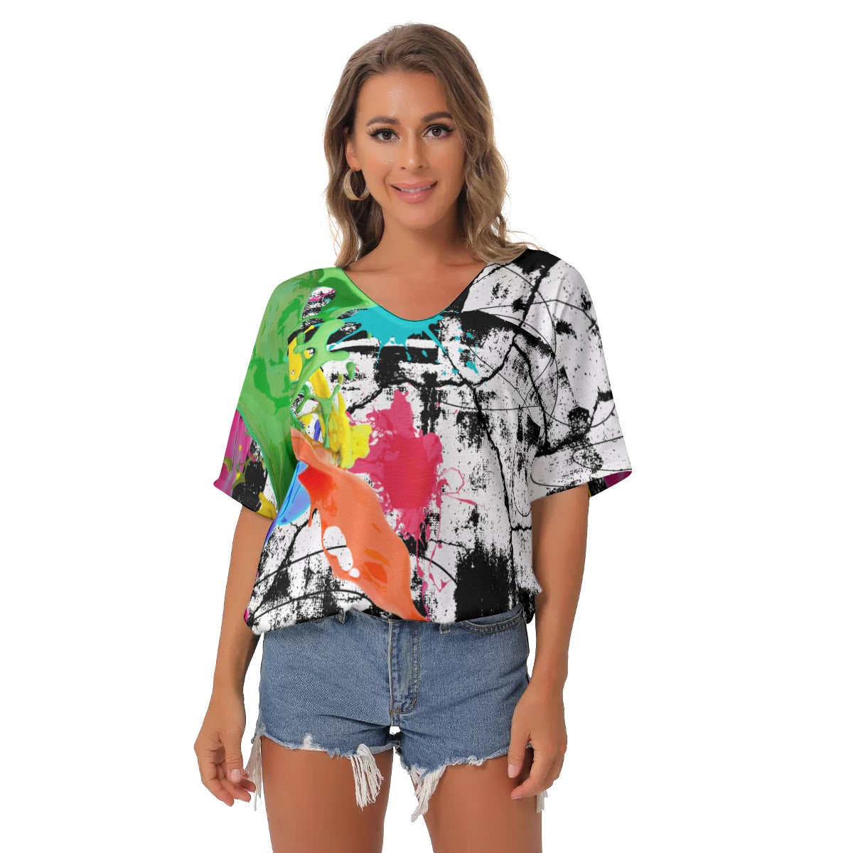 Color splash All-Over Print Women's Bat Sleeves V-Neck Blouse