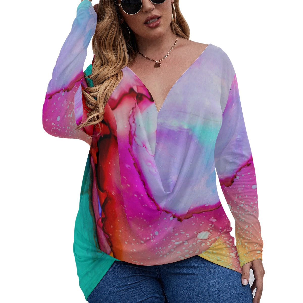 Women's V-neck Plus Draped Longline shirt With Long Sleeve (Plus Size)