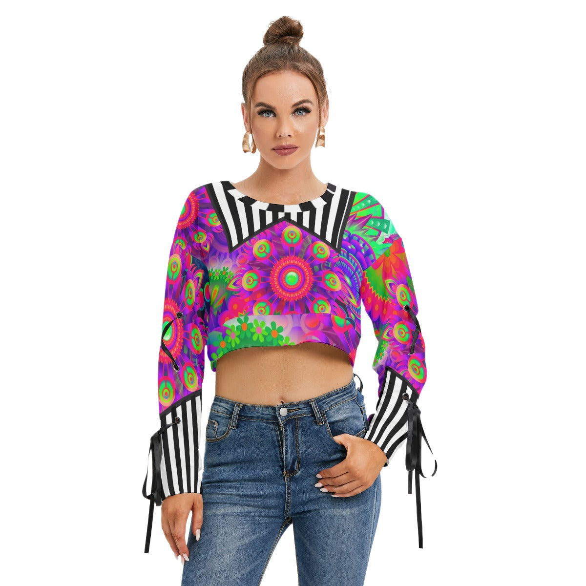 Bold and trippy Women's Long Sleeve Cropped Sweatshirt With Lace up sleeve