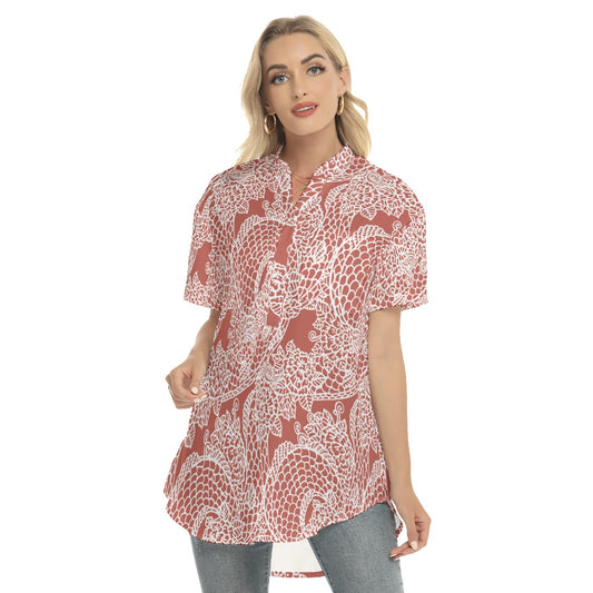 Abstract  Women's Stand-up Collar Shirt With Open Button