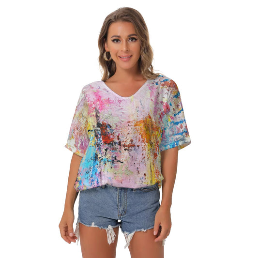 Pink abstract All-Over Print Women's Bat Sleeves V-Neck Blouse