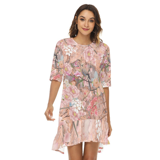 Cherry blossom  Women's Half Sleeve Dress With Ruffle Hem