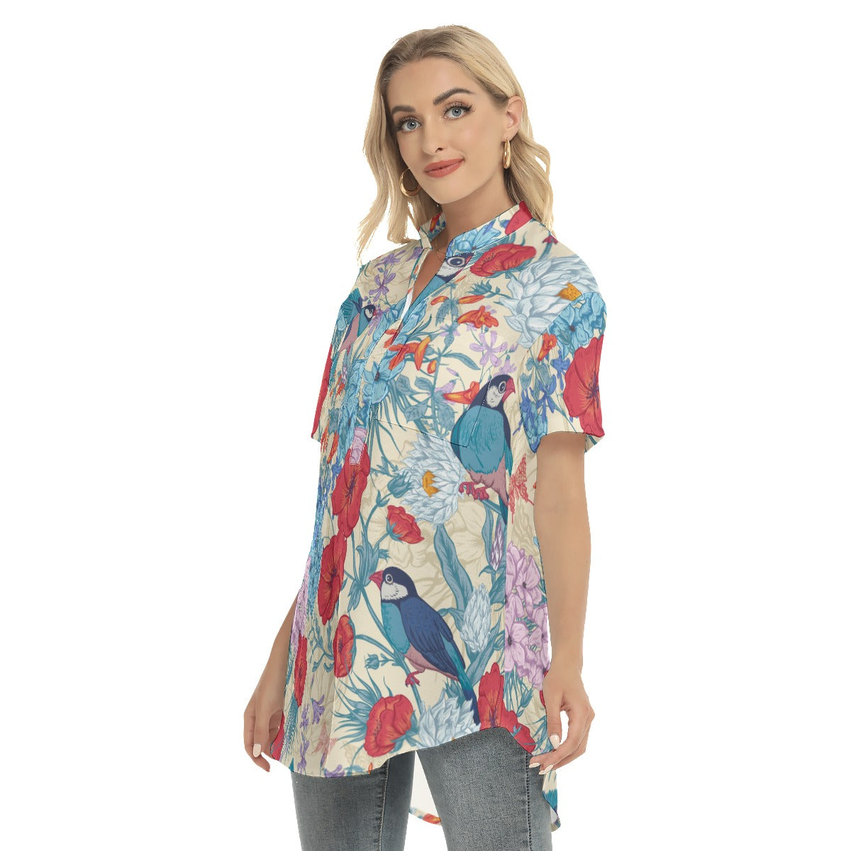 Floral Women's Stand-up Collar Shirt With Open Button