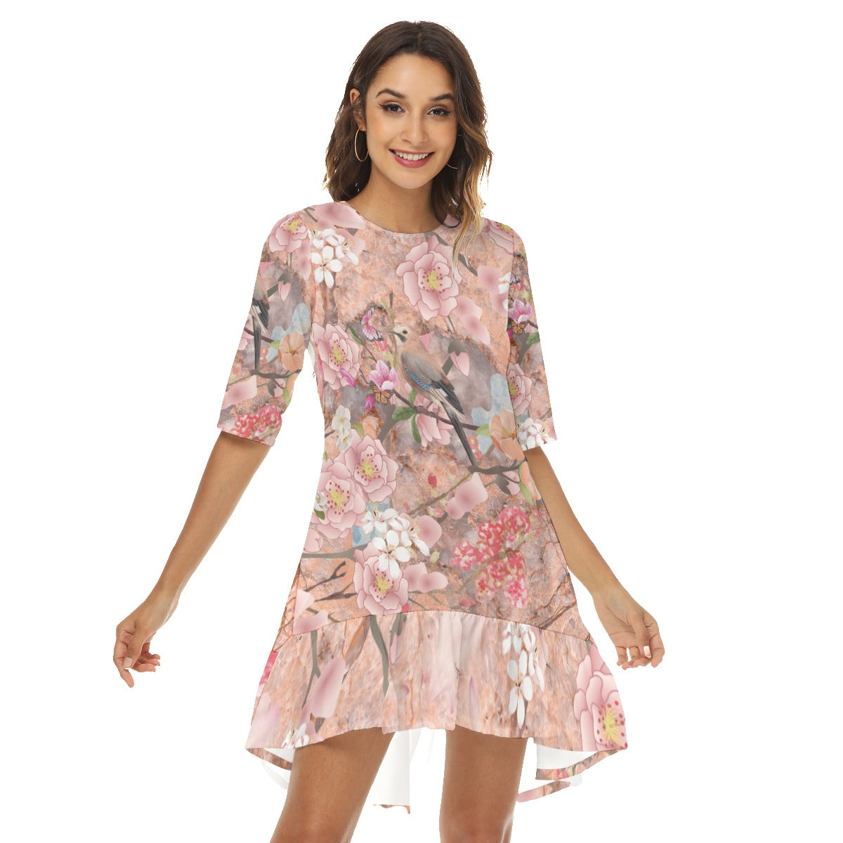 Cherry blossom  Women's Half Sleeve Dress With Ruffle Hem